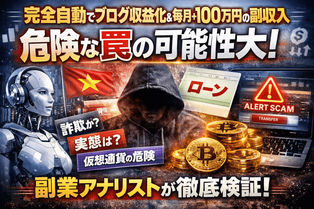 詐欺の可能性が極めて高い完全自動でブログ収益化＆毎月＋100万円の副収入は危険？AI動画副業の実態・会社情報・仮想通貨送金リスクを検証した告知画像。