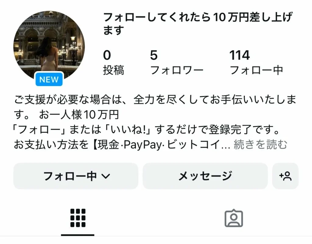 Instagramで接触をしてきたアカウントの画像